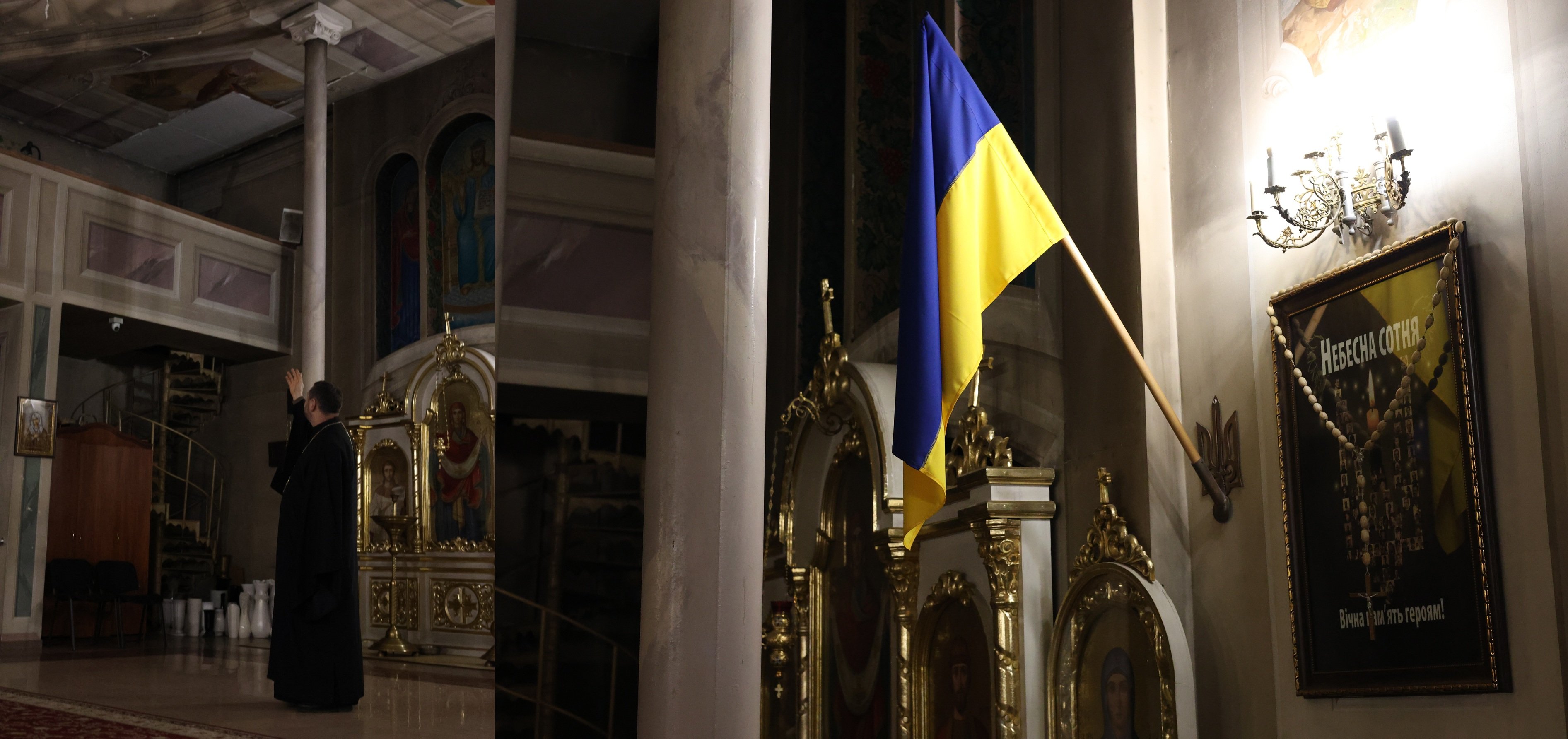 Отець Теодор показує пошкодження внаслідок російського ракетного обстрілу на стелі в храмі, де він служить. Фото авторки