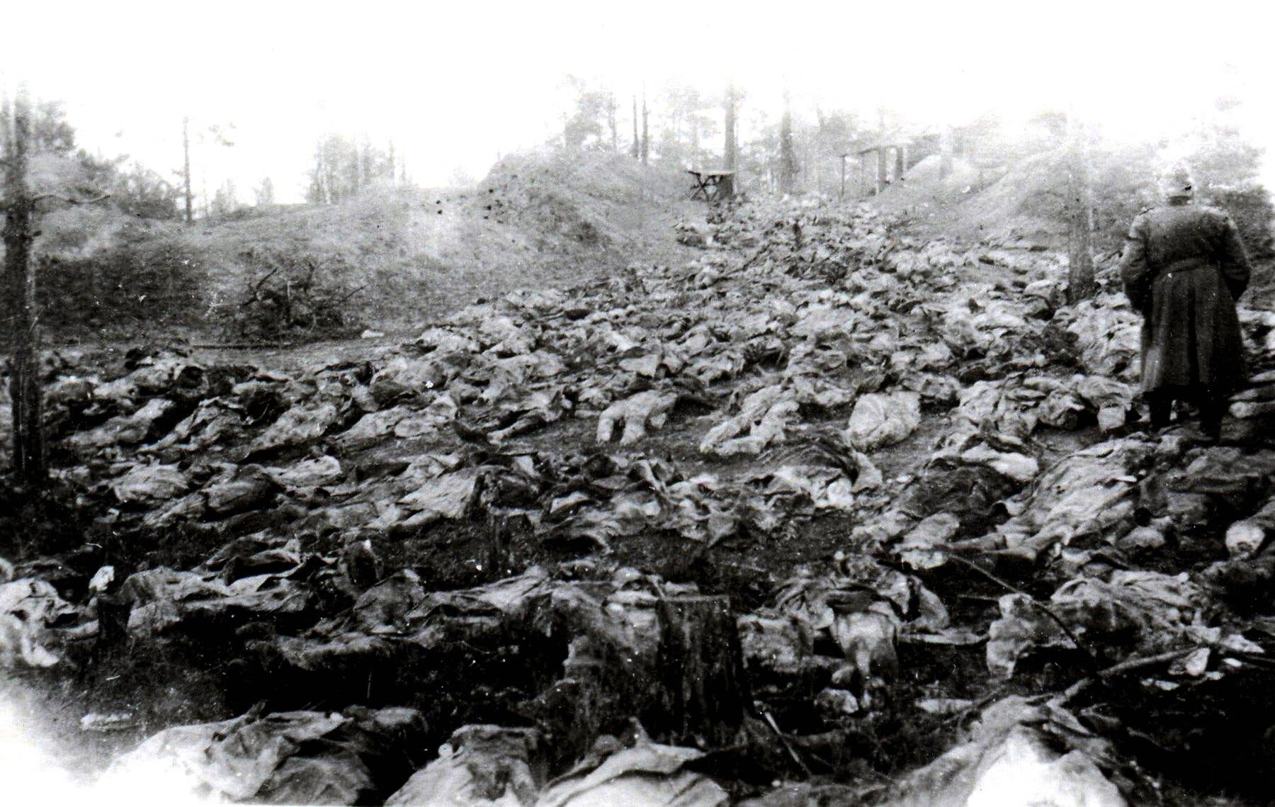 An individual in a long coat standing beside a field covered in many bodies near a line of trees.